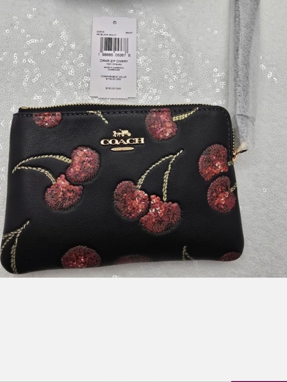 Coach Sequined Cherry Print Corner Zip Wristlet Black Red Smooth Leathe - Picture 9 of 11